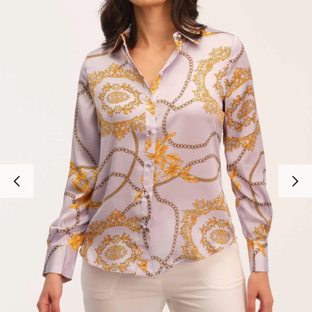 Chain Print Button Down Blouse. 100% Polyester, Woven Satin